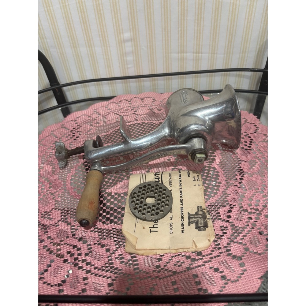 Vintage Aluma Hand Crank Meat Grinder Manual Food Chopper with Wood Handle